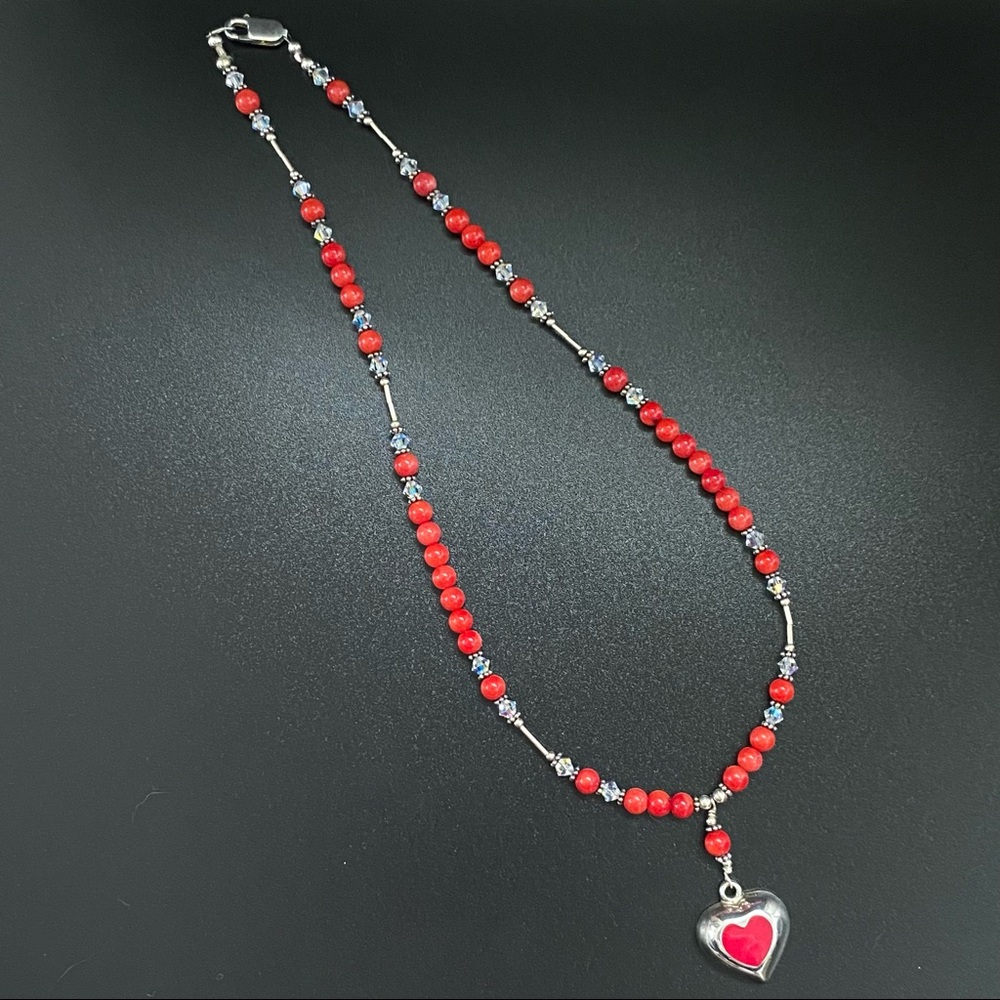 925 Sterling Silver Genuine Coral Beaded Necklace with Sterling Heart Pendant